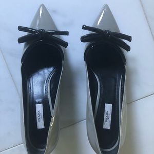 Prada silver patent leather heels with black bow